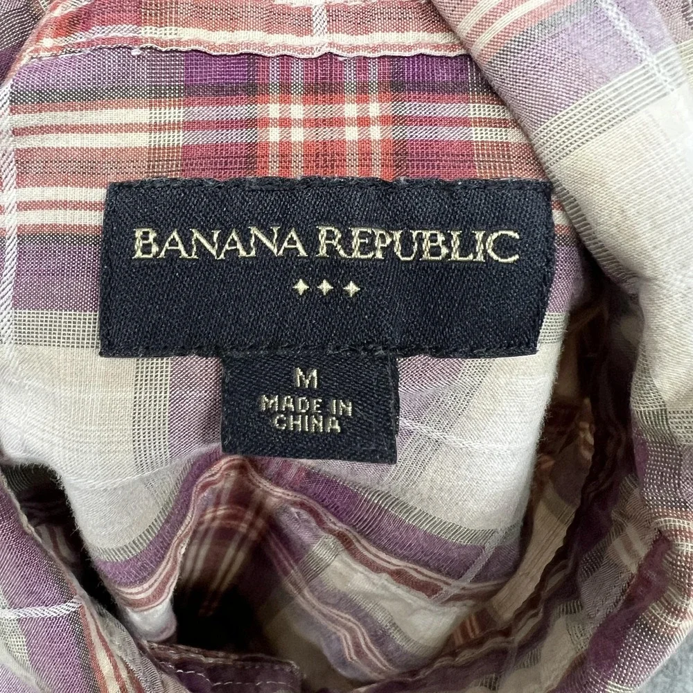 Banana Republic Shirt Mens Medium Purple Plaid Long Sleeve Button Front Roll Tab